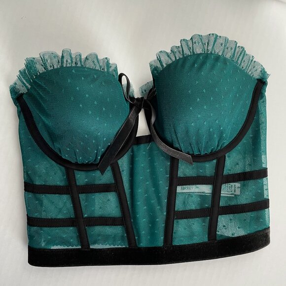 Victoria Secret Bra 32C Dream Angels Bustier Long Line Green Black Boned Ruffle - Picture 7 of 14